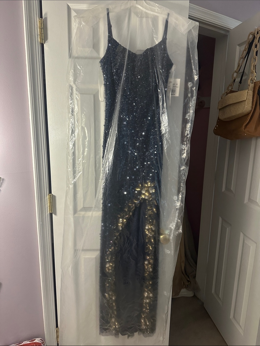 Navy Sequin Beaded Maxi Dress with Gold Slit Accent